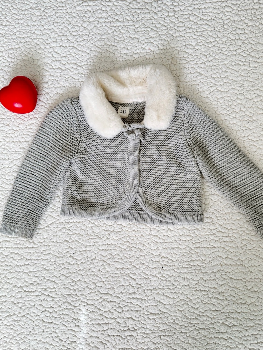 GAP Girls Light Gray Knit Jacket with White Faux Fur Collar